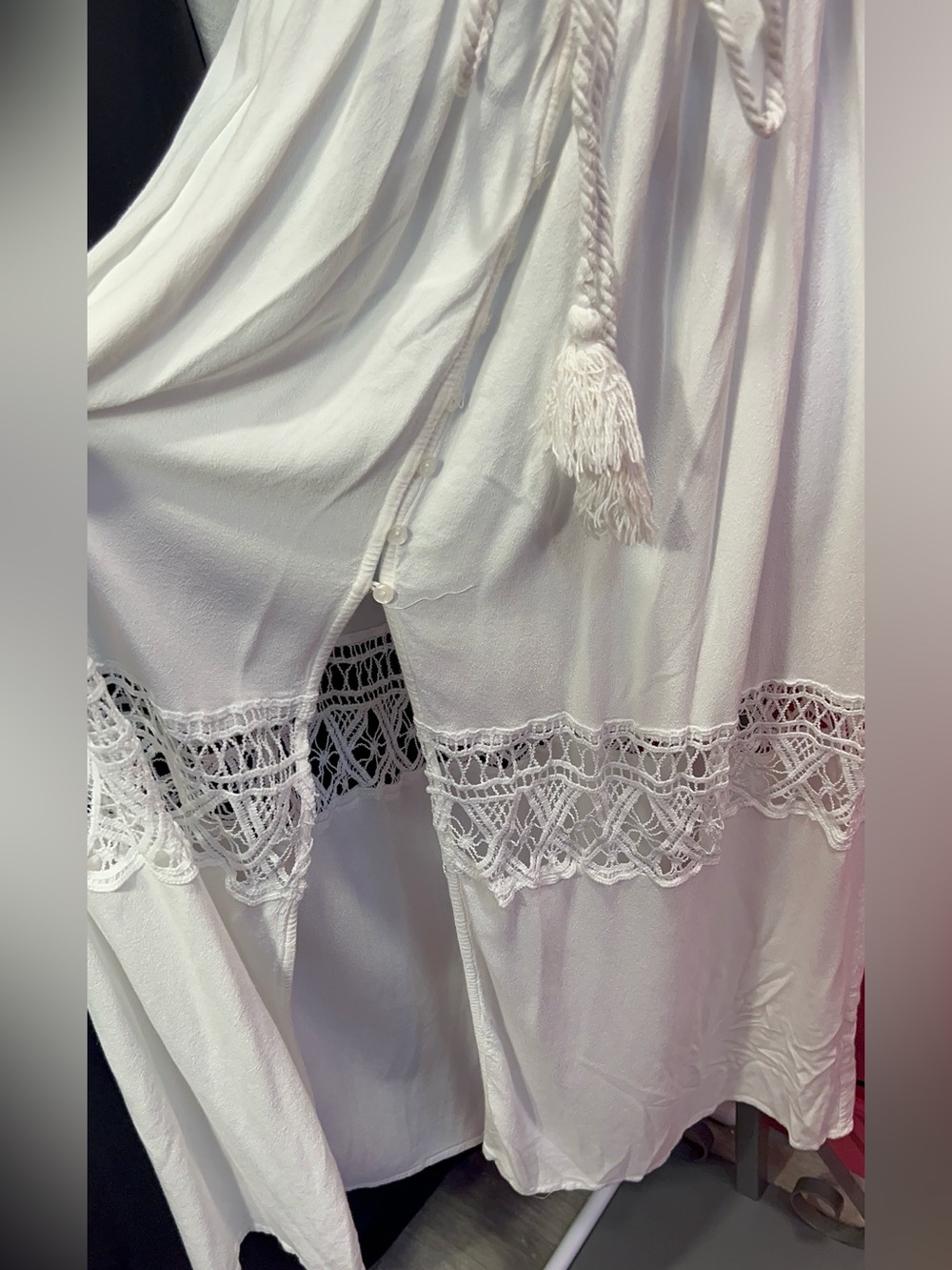 White Lace-Trim Maxi Dress with Tie Waist - Picture 5 of 10